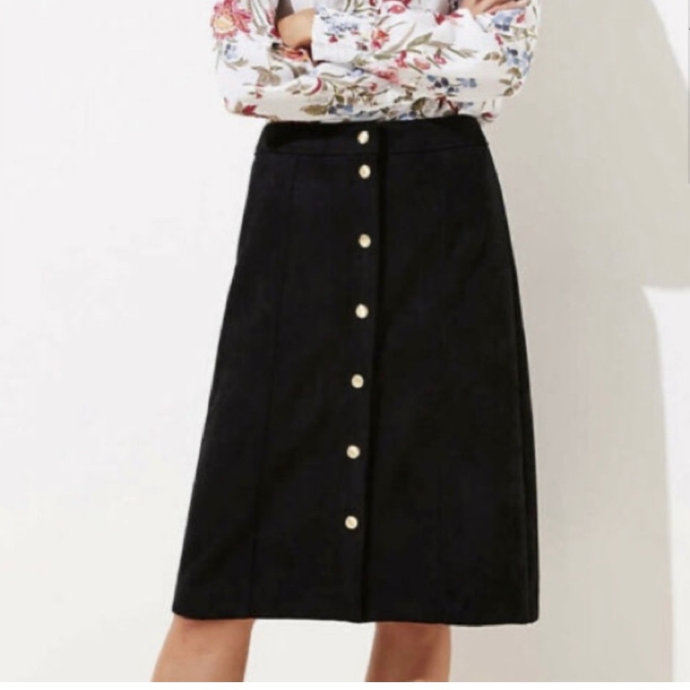 LOFT Black suede midi skirt with gold buttons Size 8